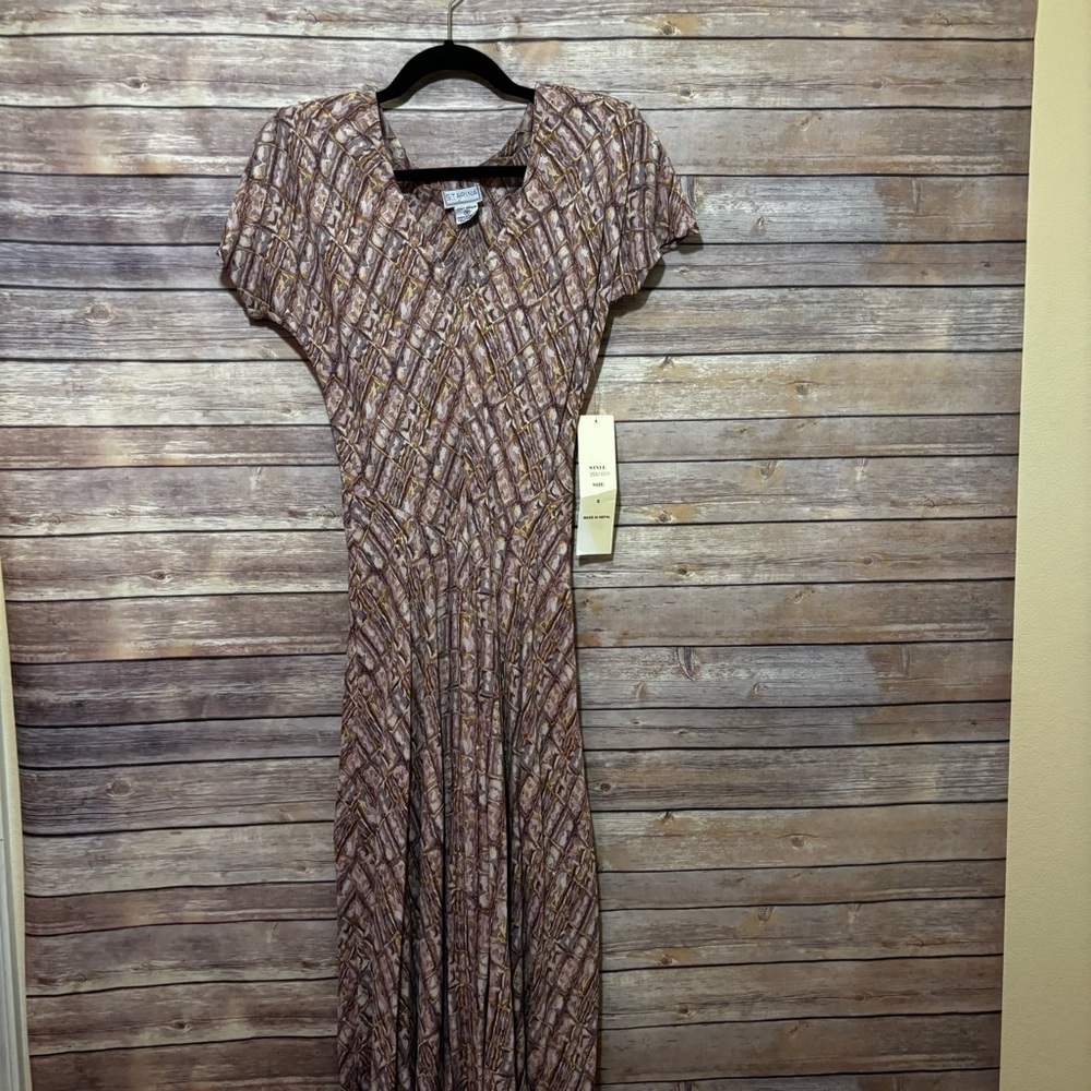 NWT Vintage 90s Starina Pink Brown Yellow Print Midi Dress Women's Size S  B2